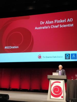 Dr Finkel introducing the 2019 Graeme Clark Oration speaker