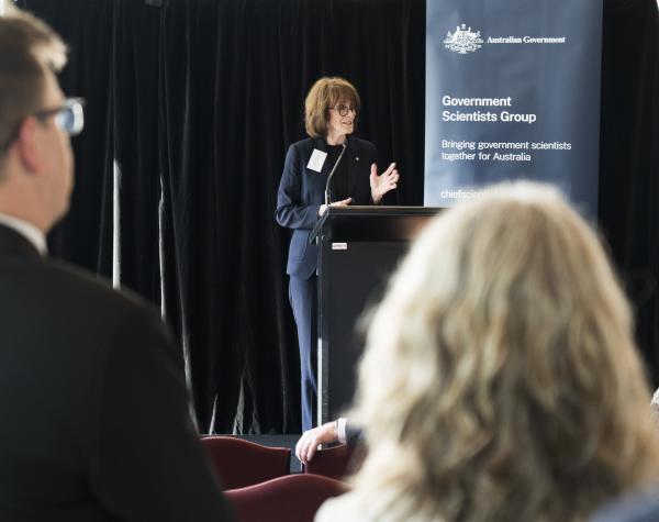 Australia's Chief Scientist, Dr Cathy Foley, addresses those attending the Government Scientists Group showcase hosted by the Parliamentary Friends of Science