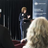 Australia's Chief Scientist, Dr Cathy Foley, addresses those attending the Government Scientists Group showcase hosted by the Parliamentary Friends of Science